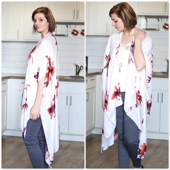 Floral Print Kimono Shawl-Cream - Picture 3 of 7